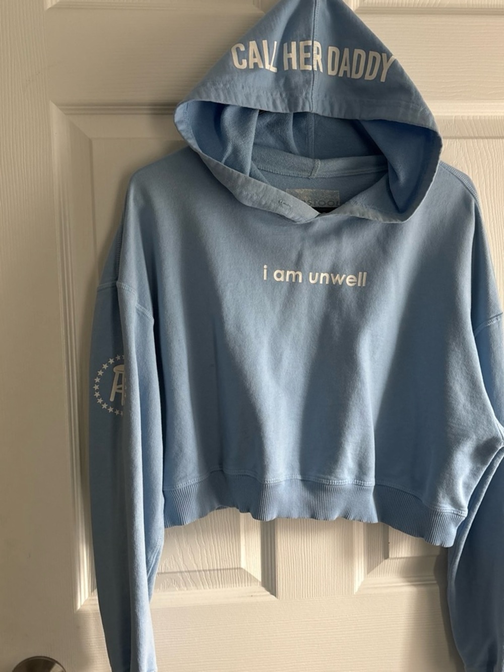 Unwell Cropped Light Blue Hoodie with Hood Text